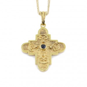 Cross in 14 K yellow gold byzantine design with sapphire, double facet, 1476.