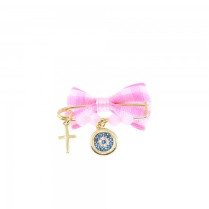 Silver goldplated safety pin, pink bow, 1902.