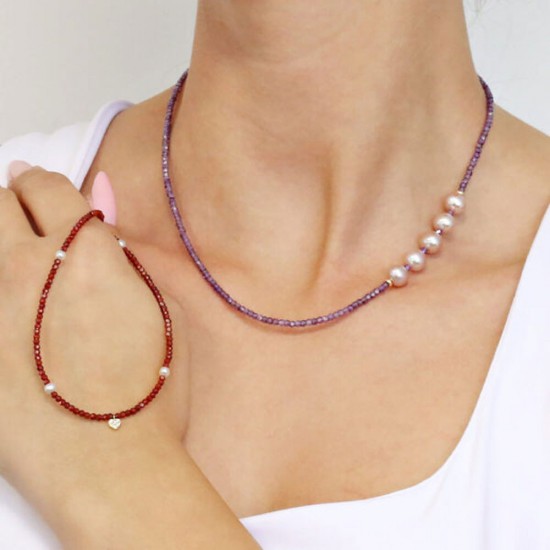 Κολιέ με αμέθυστο και μαργαριτάρια Fresh Water Pearl 8,0-9,0mm 14 K, 2303.