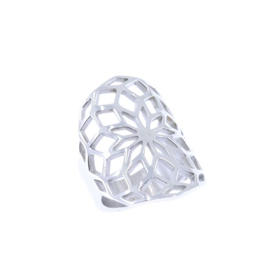 Ring excite fashion with wide perforated geometric pattern in platinum plated steel, 2067.