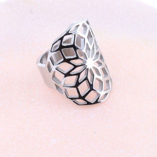 Ring excite fashion with wide perforated geometric pattern in platinum plated steel, 2067.