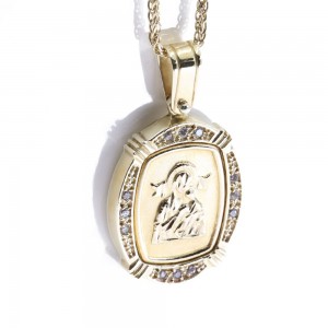 Pendant Holy Virgin with baby 14 K yellow gold with zircons, 2208.