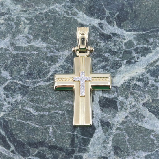 14 K cross with zircon in matte and shiny gold, 2266.