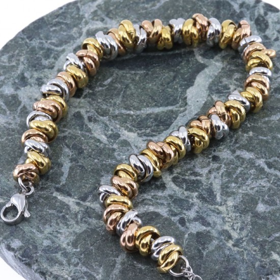 Excite chain bracelet with criss-cross tricolor links in gold-plated stainless steel, B-YH2219A-MIX-75, 2419.