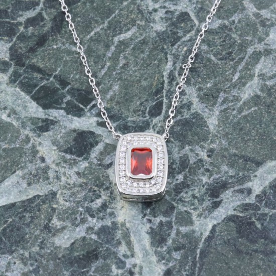 Prince Silvero silver rosette necklace with garnet stone in the middle and zircon, 2435.