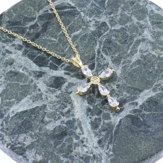 Prince Silvero silver cross necklace gold-plated with white stones, 2436.