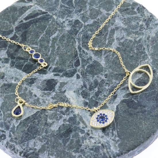 Prince Silvero gold-plated silver necklace with eye-teardrop pendants, 2438.
