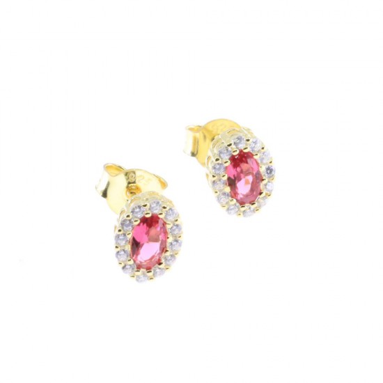 Prince Silvero silver earrings gold-plated oval rosette with red and white zircons, 1B-SC212-3R.