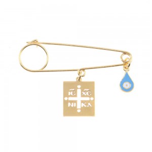 Safety pin silver gilt, constantine's coin square with blue enamel eyelet, 2460.