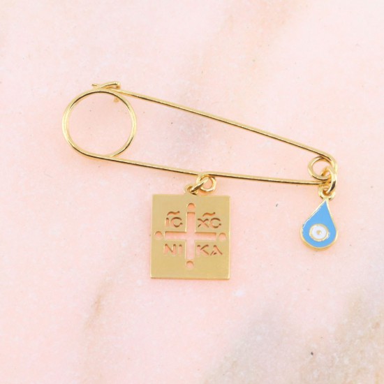 Safety pin silver gilt, constantine's coin square with blue enamel eyelet, 2460.