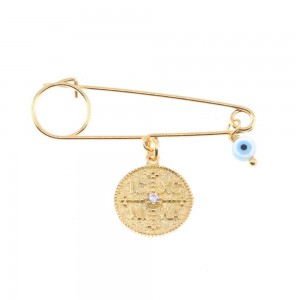 Safety pin constantine's coin silver gilt, double sided with white stone, 2465.
