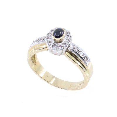 14K rosette cabochon sapphire and zircon ring, yellow and white gold, 2471.