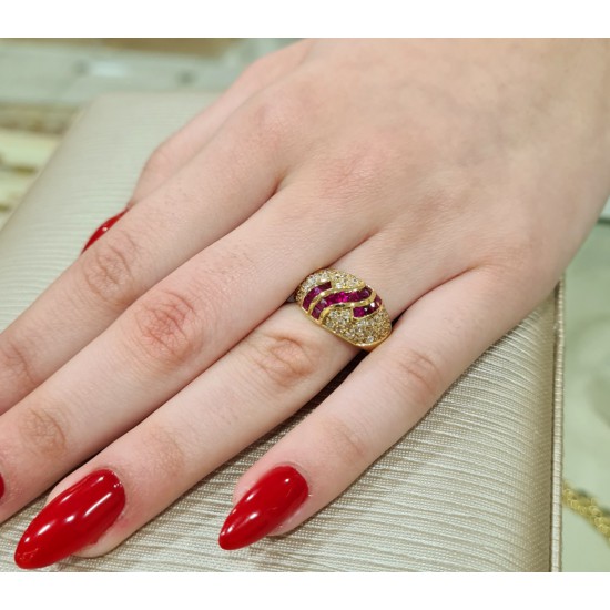 14K yellow gold bulky ring with red and white zircons, 2564.