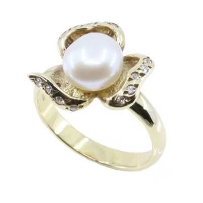 14K flower design ring with pearl and zircon in yellow gold, 2581.