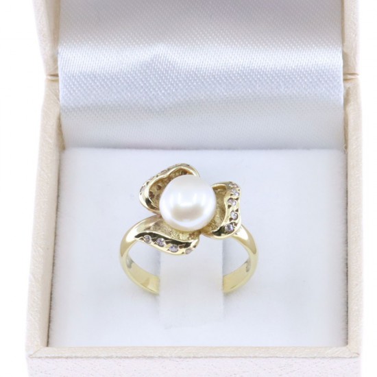 14K flower design ring with pearl and zircon in yellow gold, 2581.
