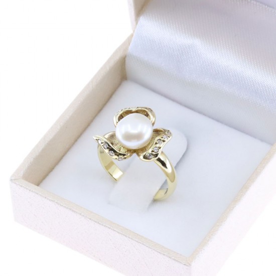 14K flower design ring with pearl and zircon in yellow gold, 2581.