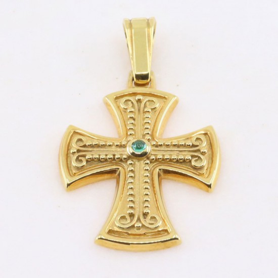 14K yellow gold cross with an emerald in a Byzantine design, 2625.