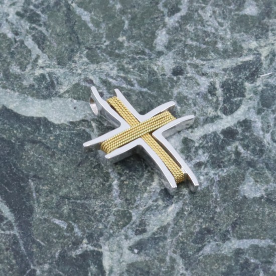 Cross 18K wire design with curves in yellow and white gold, 2676.