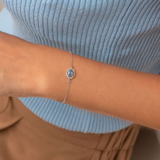 Excite Fashion Jewellery bracelet, rosette with oval aqua and white cubic zirconia, made of plated sterling silver, B-47-AQUA-S-89.