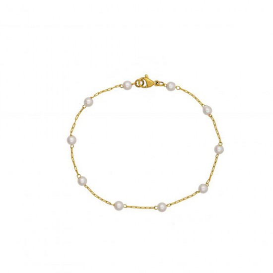 Excite fashion jewelery handmade steel bracelet with gold plated chain and rosary with white pearls, B-1522-01-39, 2850.
