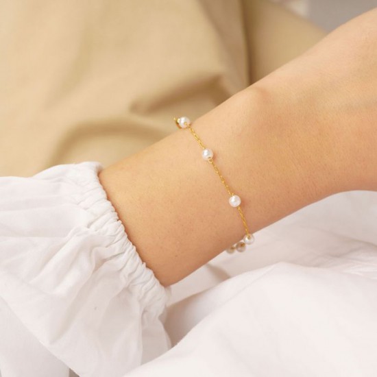 Excite fashion jewelery handmade steel bracelet with gold plated chain and rosary with white pearls, B-1522-01-39, 2850.