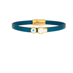 Handmade leather blue bracelet by Excite Fashion Jewellery, with blue raffia strap, metallic gold plated elements, cross-shaped motifs, and enamel eye, BM-1704-01-07-65.