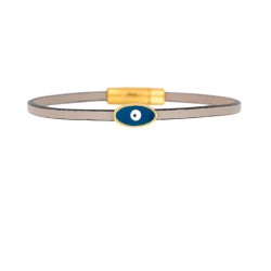 Handmade leather grey bracelet by Excite Fashion Jewellery, with thin strap and metallic gold plated eye with blue enamel, BM-1708-01-02-45.