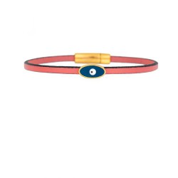 Handmade leather pink bracelet by Excite Fashion Jewellery, with thin strap and metallic gold plated eye with blue enamel, BM-1708-01-11-45.