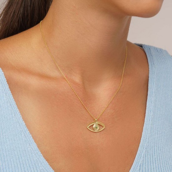 Excite fashion jewellery eyelet necklace with green zircon in gold-plated silver, K-102-PRAS-G-105, 2873.