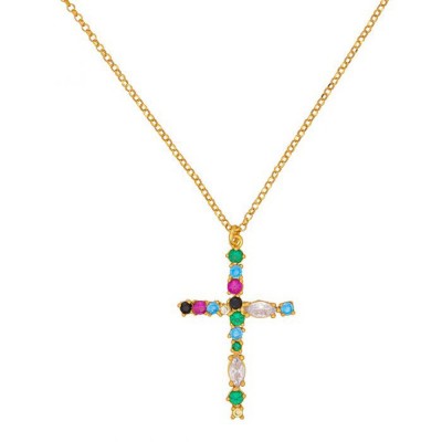 Κολιέ σταυρός της excite fashion jewellery, στολισμένος με πολύχρωμα zircon από επιχρυσωμένο ασήμι, K-117-AS-MYLTI-13, 2871.