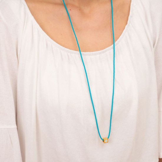 Excite fashion jewellery necklace with silk turquoise long cord, and eyelet dice with enamel, K-1639-01-07-45, 2868.