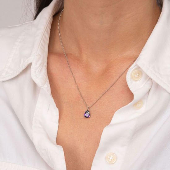 Excite Fashion Jewellery necklace made of platinum plated silver 925° with a single purple cubic zirconia drop, K-30-MOB-S-105.