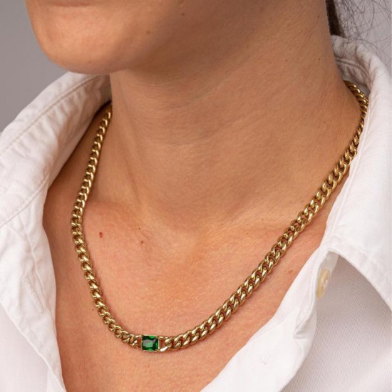 Excite fashion jewelery rectangular green crystal stainless steel gold plated chain necklace, N-YH1A GREEN-G-9, 2858.