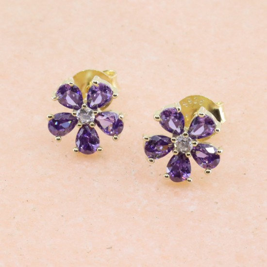 Daisy earrings with purple zircon in gold-plated silver, 2997.