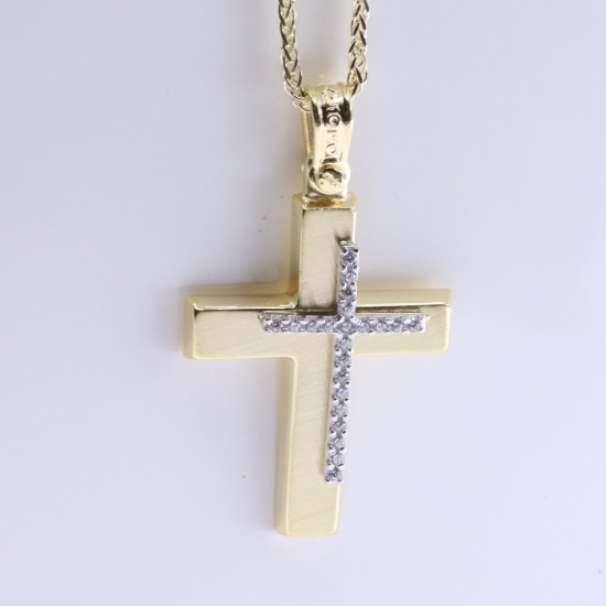 Matte yellow cross with white and zircon design, K 9 Aloro, 3090.